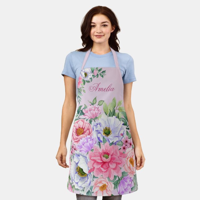 Delikate Pastel Watercolor Summer Florals Schürze (Getragen)