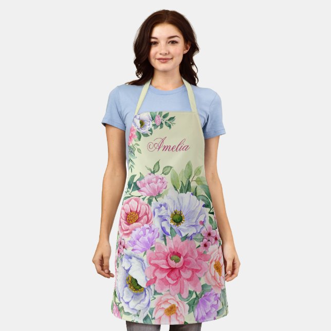 Delikate Pastel Watercolor Summer Florals Schürze (Getragen)