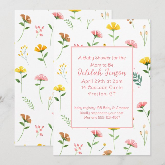 Delikate Pastel Wildblumen Kinderdusche Einladung (Vorne/Hinten)