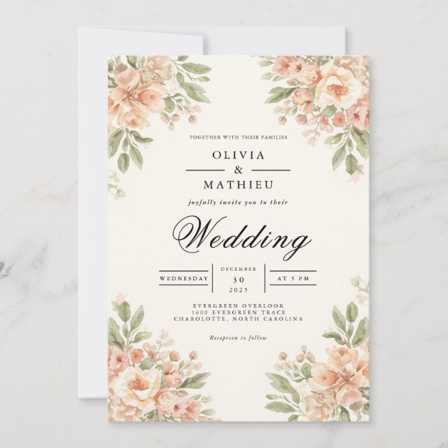 Delikate Peach Bloom Arch Wedding Einladung (Vorderseite)