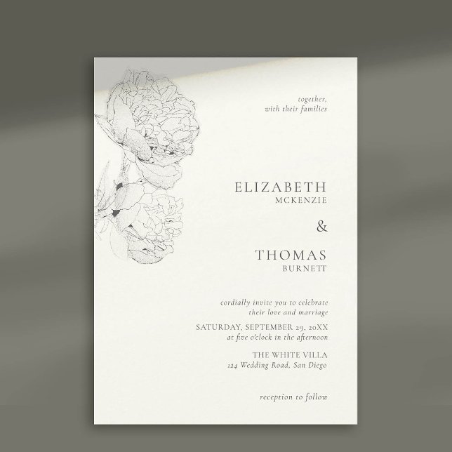 Delikate Peonies Ink Pearl Weiße Hochzeit Einladung (peony wedding invitation large blooms ink sketch pearl white formal elegant modern classic)