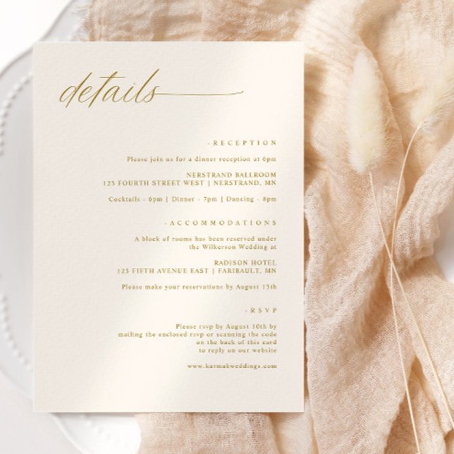 Delikate romantische Goldcreme-Hochzeitsdetails Begleitkarte (Wedding details card - soft, romantic script - elegant, classy and sophisticated. Simple elegant)