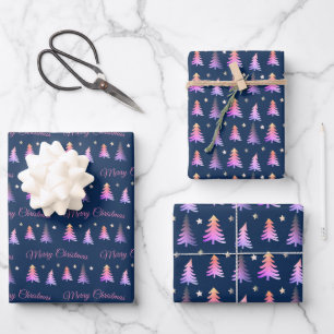 Delikate Rosa Bäume Frohe Weihnachtsblau Geschenkpapier Set