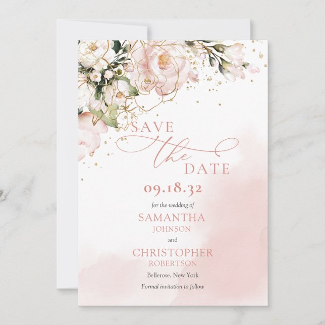 Delikate rosa Blume boho arch pampas eucalyptus Save The Date (Vorderseite)