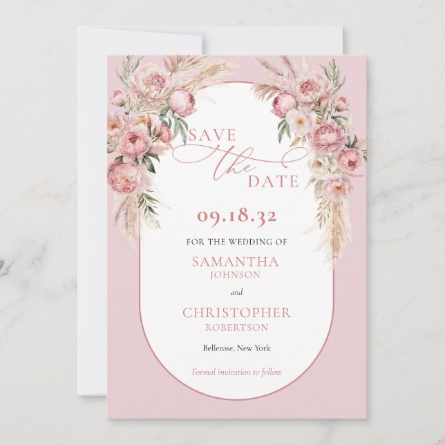 Delikate rosa Blume boho arch pampas eucalyptus Save The Date (Vorderseite)