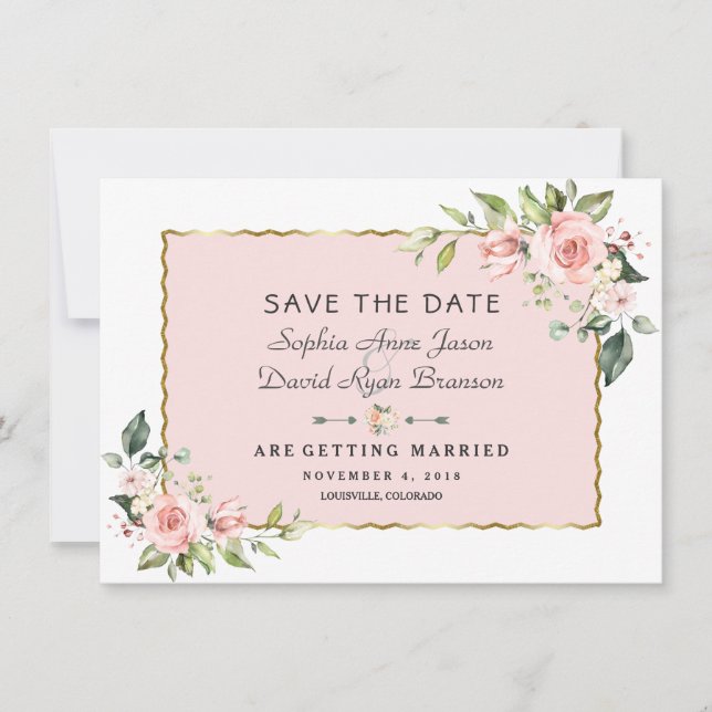 Delikate Rosa Blush Blume Goldrahmen Hochzeit Save The Date (Vorderseite)