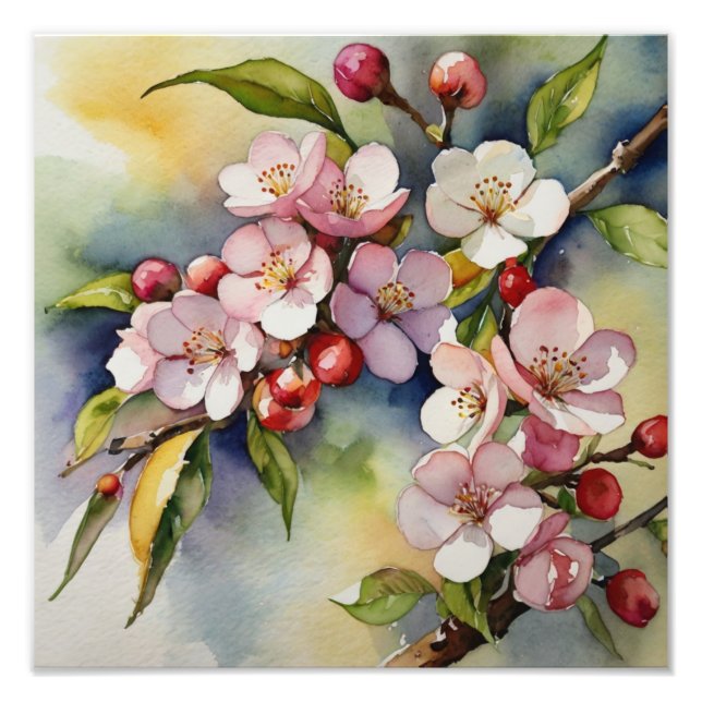 Delikate rosa Kirschblüten Aquarellmalerei Fotodruck (Vorne)