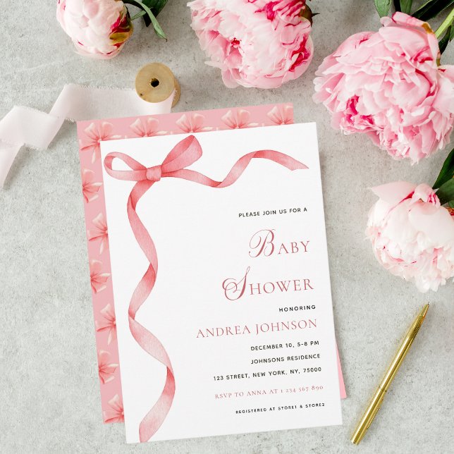 Delikate rosa Ribbon Bow Modern Girl Baby Dusche Save The Date (Von Creator hochgeladen)