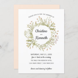Delikate rosa Wildblumen Kranz Botanische Hochzeit Einladung