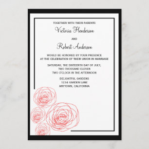 Delikate Rose Einladung Hochzeit, schwarz und rot