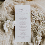 Delikate Rose Gold Calligraphy Wedding Dinner Menu Menükarte<br><div class="desc">Diese delikate Rose Goldkalligrafie Hochzeitsmenü-Karte ist perfekt für eine moderne Hochzeit. Das romantische minimalistische Design besticht durch eine hübsche und elegante,  staubige Rose mit rosa Typografie auf weißem Hintergrund. Diese Speisekarte kann für Hochzeitsfeiern,  Proben oder jede Veranstaltung verwendet werden.</div>
