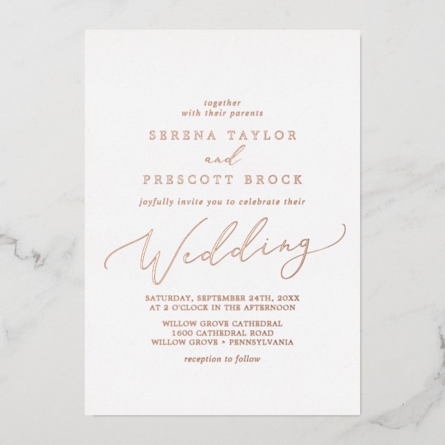 Delikate Rose Gold Foil Calligrafy Wedding Folieneinladung (Vorderseite)