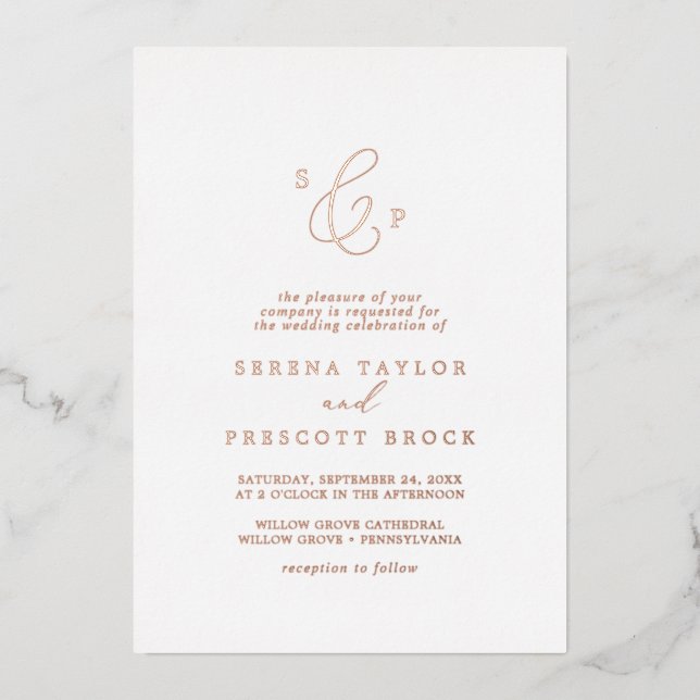 Delikate Rose Gold Foil Formal Monogram Wedding Folieneinladung (Vorderseite)