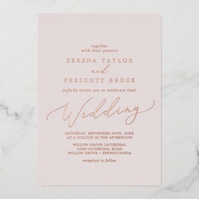Delikate Rose Goldene Foil | Blush Wedding Folieneinladung (Vorderseite)