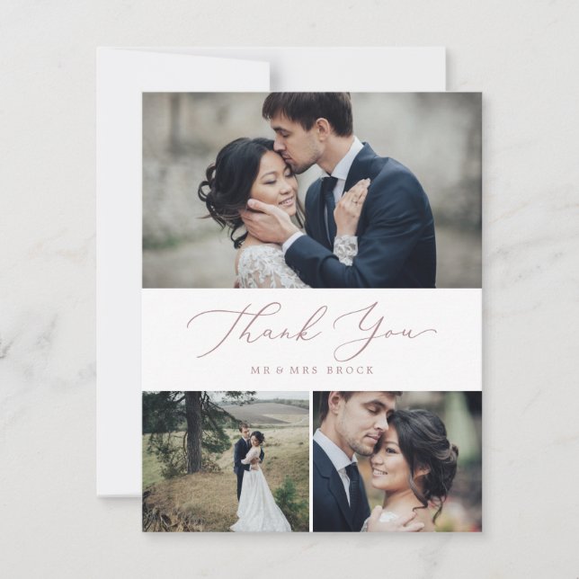 Delikate Rose Goldkalligraphie 3 FotoCollage Dankeskarte (Vorderseite)