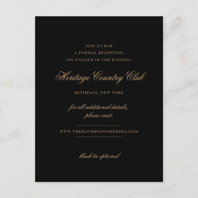 Delikate Schwarz-Gold-Script-Hochzeitsempfehlung Begleitkarte (Vorderseite)