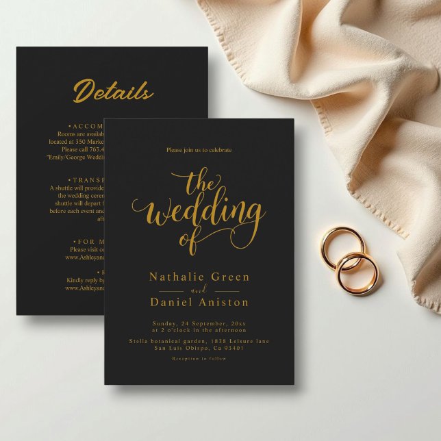 Delikate Schwarz-Gold-Script-Klassik Hochzeit Einladung (Von Creator hochgeladen)