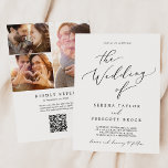 Delikate Schwarze Fotocollage QR Code Hochzeit Einladung<br><div class="desc">Diese zarte Schwarz Foto Collage QR Code Hochzeitseinladung ist perfekt für eine moderne Hochzeit. Das romantische minimalistische Design besticht durch eine hübsche und elegante schwarze Typografie auf weißem Hintergrund mit einem sauberen und schlichten Look. Personalisieren Sie Ihre Einladung mit 3 Verlobungen Fotos auf der Rückseite. Fügen Sie Ihren Gästen einen...</div>