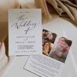 Delikate Schwarze Kalligrafie Vorschlag Story Wedd Einladung<br><div class="desc">Diese zarte schwarze Kalligrafie Vorschlag Geschichte Hochzeitseinladung ist perfekt für eine moderne Hochzeit. Das romantische minimalistische Design besticht durch eine hübsche und elegante schwarze Typografie auf weißem Hintergrund mit einem sauberen und schlichten Look. Personalisieren Sie Ihre Einladung mit 3 Verlobungen Fotos auf der Rückseite und die Geschichte, wie Sie sich...</div>