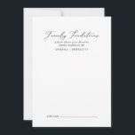 Delikate schwarze Kalligraphie Familientraditionen Hinweiskarte<br><div class="desc">Diese delikate, schwarze Kalligraphie Familie Tradition Ratgeber ist perfekt für eine moderne Hochzeit und kann für jede Veranstaltung verwendet werden. Das romantische minimalistische Design besticht durch eine hübsche und elegante schwarze Typografie auf weißem Hintergrund mit einem sauberen und schlichten Look. Diese Ratschläge können als Gästebuchalternative für Hochzeitsempfang, Brautparty oder Babydusche...</div>