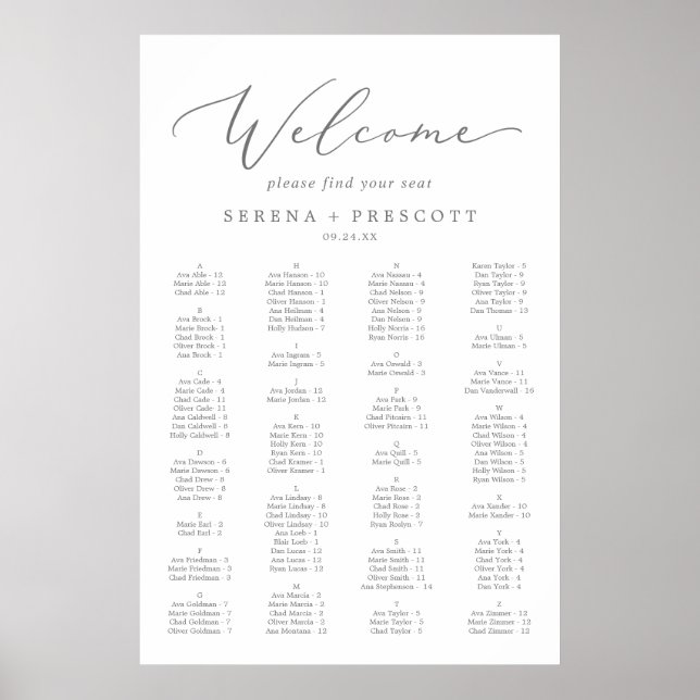 Delikate Silber Alphabetical Seating Chart Poster (Vorne)