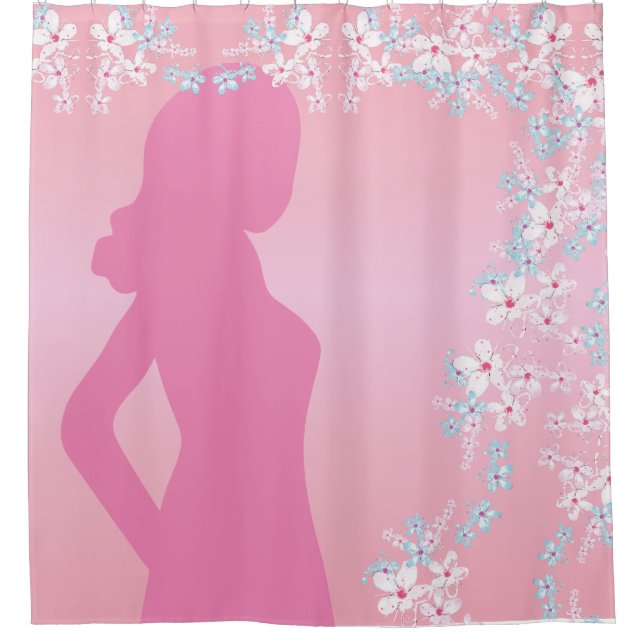 Delikate Silhouette Braut und Blume auf rosa Duschvorhang (Vorderseite)