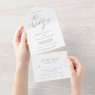 Delikate Silver Calligrafy Wedding All In One Einladung