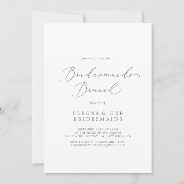 Delikate Silver Calligraphy Bridesmaids Brunch Einladung (Vorderseite)