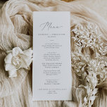 Delikate Silver Calligraphy Wedding Dinner Menu Menükarte<br><div class="desc">Diese delikate,  silberne kalligraphische Dinner-Karte ist perfekt für eine moderne Hochzeit. Das romantische minimalistische Design besticht durch eine hübsche und elegante silbergraue Typografie auf weißem Hintergrund mit einem sauberen und schlichten Look. Diese Speisekarte kann für Hochzeitsfeiern,  Proben oder jede Veranstaltung verwendet werden.</div>