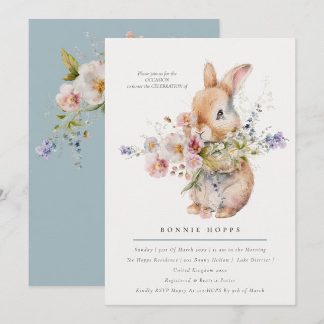 Delikate Spring Baby Bunny Floral Bouquet Einladung (Vorne/Hinten)