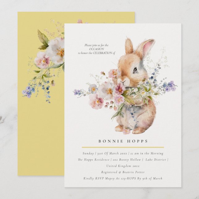 Delikate Spring Baby Bunny Floral Bouquet Einladung (Vorne/Hinten)