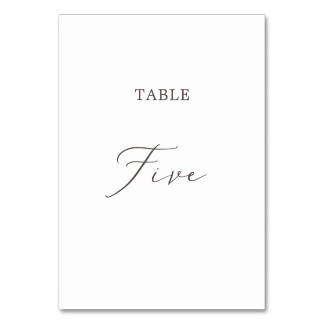 Delikate Taupe Calligraphie Tabelle 5 Tischnummer (Vorderseite)