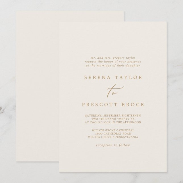 Delikate traditionelle Hochzeit mit Gold und Creme Einladung (Vorne/Hinten)