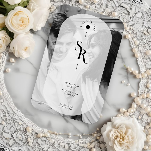 Delikate Vellum Transparency Schwarz-weiß Initials Magnet (Delicate Vellum Transparency Elegant Black & White Wedding Initials Photo Save the Date Magnet.)