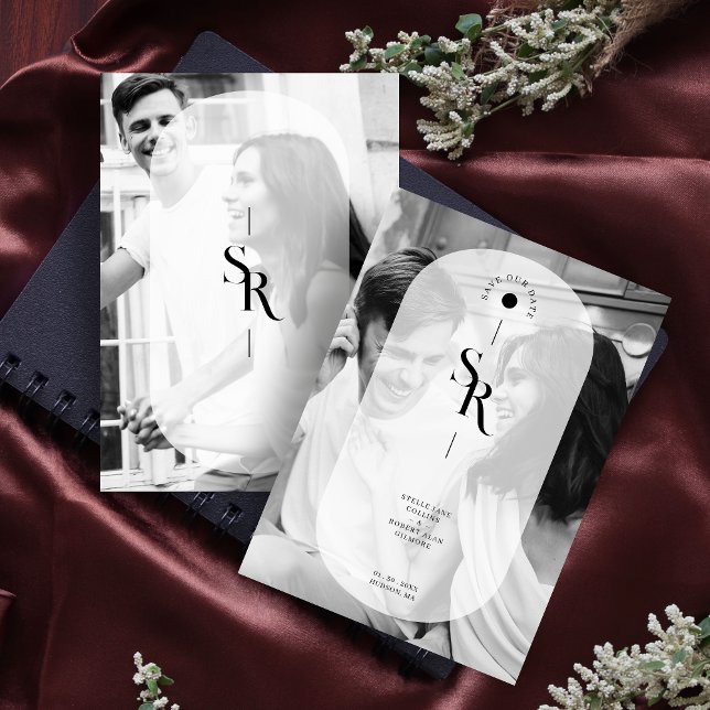 Delikate Vellum Transparency Schwarz-weiß Initials Save The Date (Delicate Vellum Transparency Elegant Black & White Wedding Initials 2 Photos Save the Date Card.)