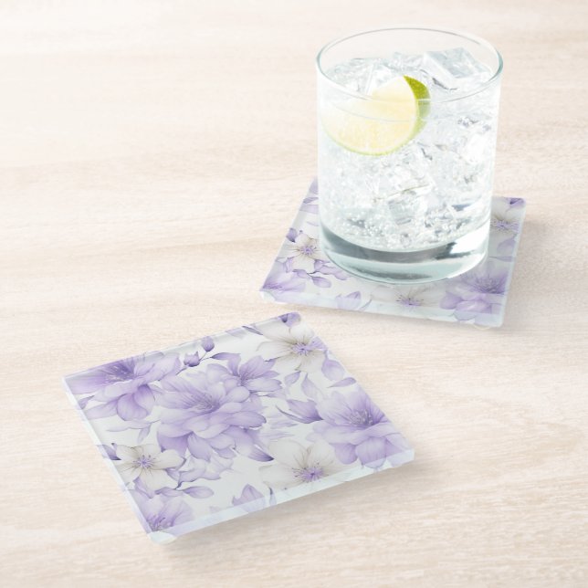 Delikate Violett-Blumen Glasuntersetzer (Schrägansicht)