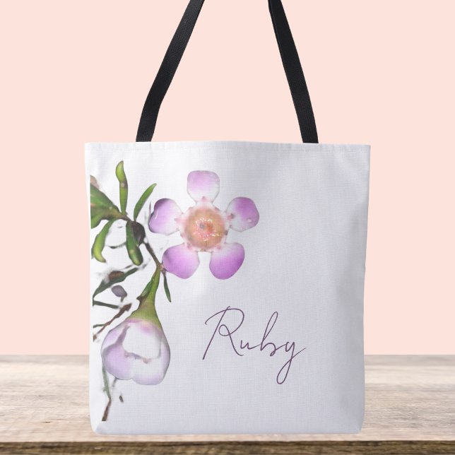 Delikate Wachs Blume Bloom (Customizable wax flower design crossbody bag, shoulder tote with purple and white and green stem)