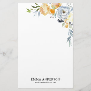 Delikate Wasserfarbe Apricot & Dusty Blauer Blumen Briefpapier