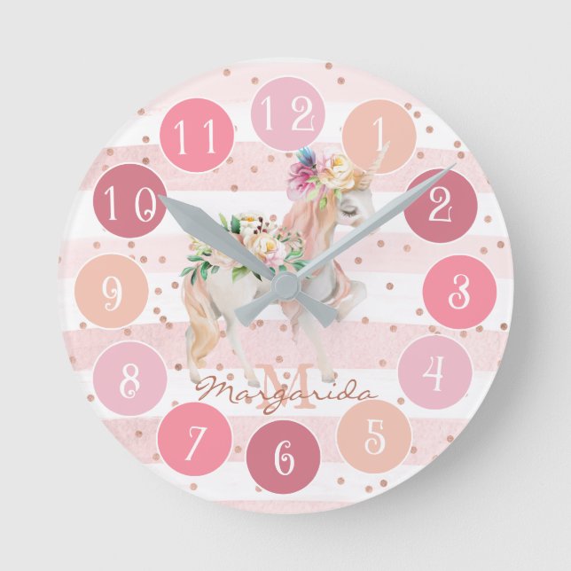 Delikate Wasserfarbe Einhorn Hübsch rosa Monogramm Runde Wanduhr (Vorderseite)