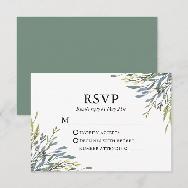 Delikate Watercolor Grüne Sage Grüne Hochzeit RSVP Karte (Vorne/Hinten)