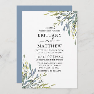Delikate Watercolor Grüne Wedding Dusty Blue Einladung