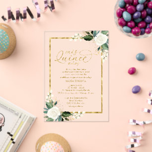 Delikate Weiß und Gold Blumenquinceñera Acryleinladungen