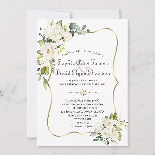 Delikate White Roses Hydrangea Gold Wedding Einladung (Vorderseite)