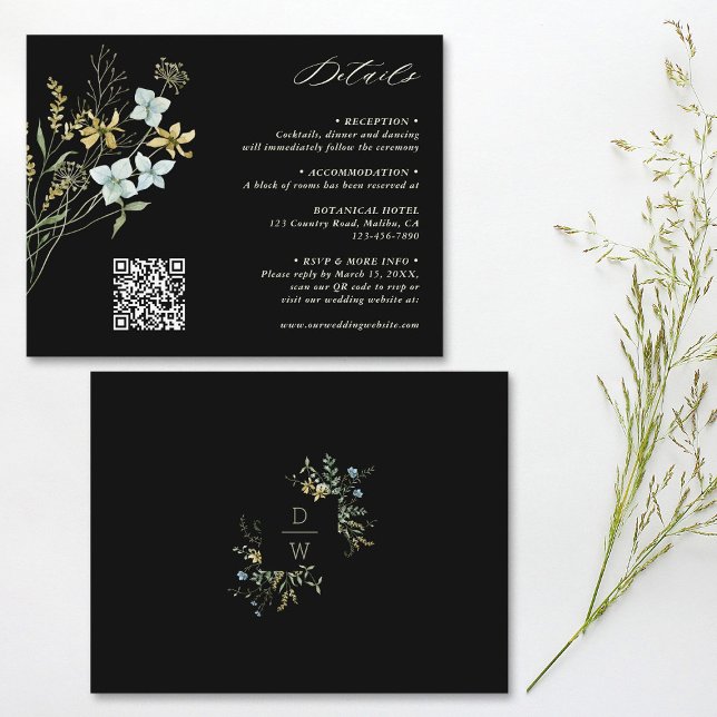 Delikate Wildblume Boho Wedding Black Details Begleitkarte (Front & Back)