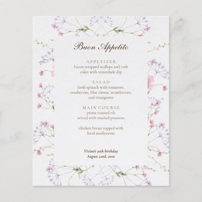 Delikate Wildblume Calligrafy Cream Event Menu (Vorderseite)