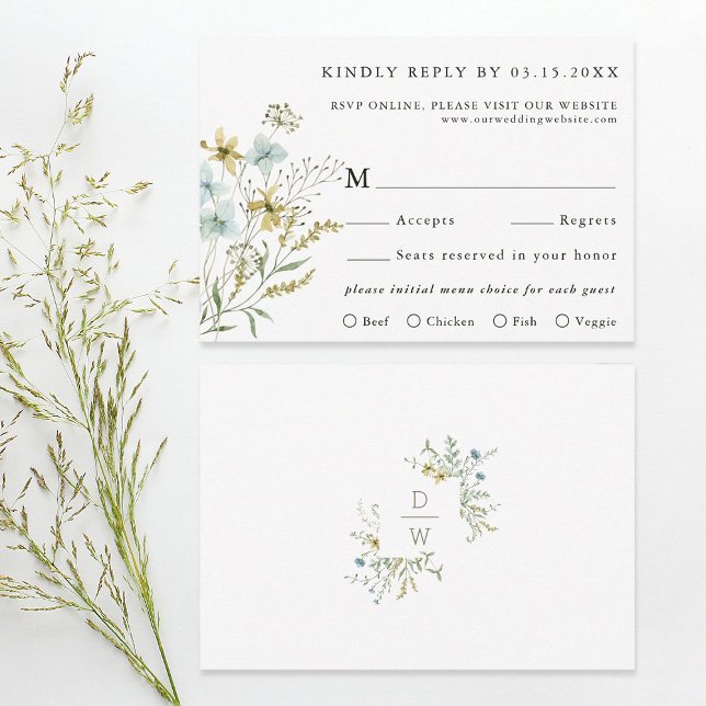 Delikate Wildblume Moderne Boho Wedding RSVP Karte (Front & Back)