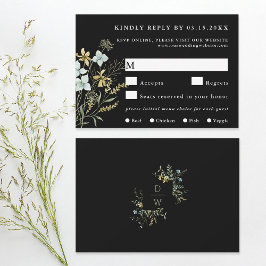 Delikate Wildblume Moderner Boho Wedding Black RSVP Karte