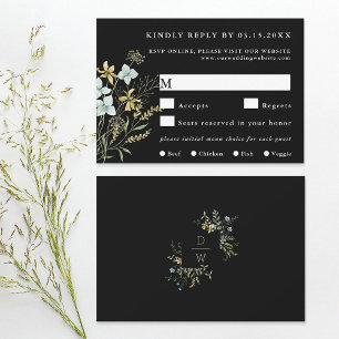 Delikate Wildblume Moderner Boho Wedding Black RSVP Karte