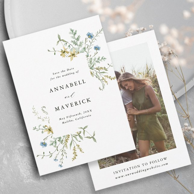 Delikate Wildblume Modernes Boho Wedding Foto Save The Date (Front & Back)