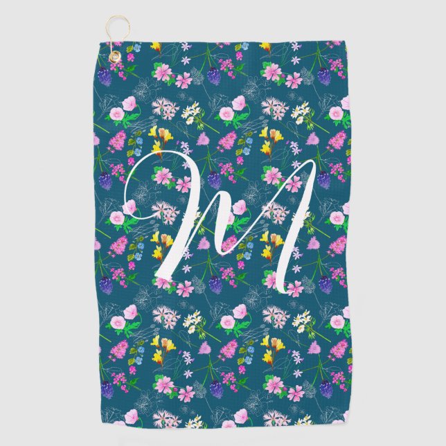 Delikate Wildblumen in dunkelblau. Custom Golfhandtuch (Vorderseite)